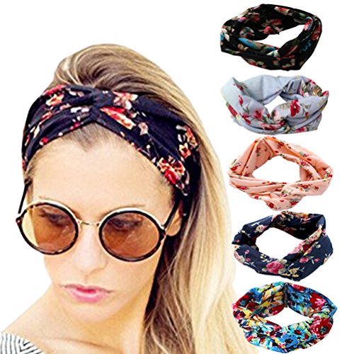 DRESHOW Women 5 PCS Headbands Headwraps Hair Bands Bows Accessories (Black, navy, pink, blue, light blue)