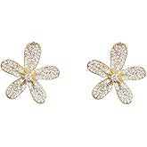 Luxury Big Flower Cubic Zirconia Crystal Statement Stud Earrings for Women Dainty 925 Sterling Silver Post Gold Plated Chunky Floral Large Studs Fashion Trendy Jewelry Wedding Birthday Gift Her