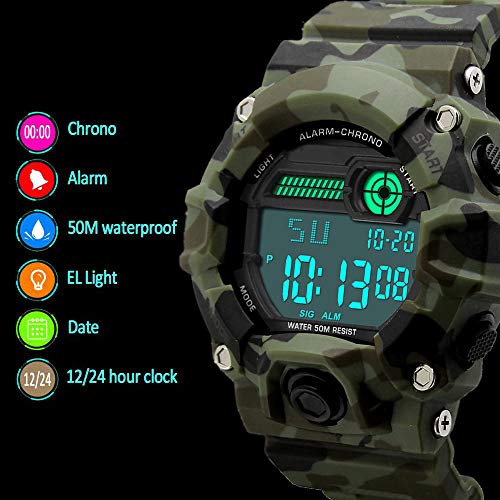Venhoo Digital Kids Watches Outdoor Sport Waterproof Electronic EL-Light with Alarm Stopwatch Luminous Casual Military Wrist Watch Gift for Kids Boys Girls (9-18 Camouflage)