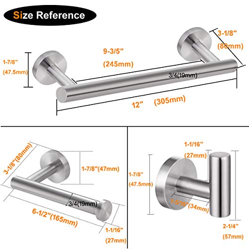 Nolimas 3-Pieces Set 12 inch Brushed Nickel Bathroom Hardware SUS304 Stainless Steel Round Wall Mounted - Includes 12" Hand Towel Bar,Toilet Paper Holder, Robe Towel Hooks,Bathroom Accessories Kit