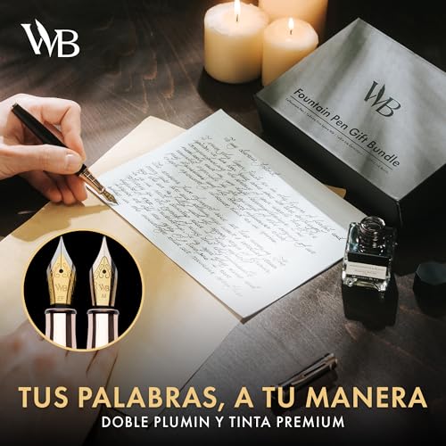 Wordsworth & Black Fountain Pen Set, 18K Gold Plated Medium and Extra Fine Nibs, 25ML Black Bottle, 6 Ink Cartridges, Refill Converter, Smooth Writing [Black and Rose Gold]