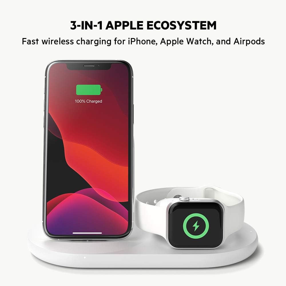Belkin 3-in-1 Wireless Charger (Wireless Charging Station for iPhone, Apple Watch, AirPods) Wireless Charging Dock, iPhone Charging Dock, Apple Watch Charging Stand, White (WIZ001ttWH)