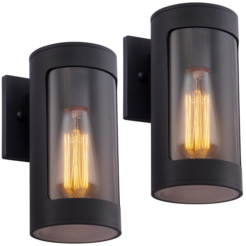 Photo 1 of Cerdeco Black Outdoor Wall Lights,Cylinder Aluminum Porch Light with Transparent Glass,Modern Outdoor Wall Sconces,2 Pack
