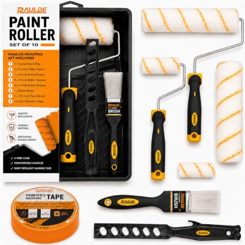Raulde Paint Roller Set of 10 - Paint Rollers and Trays Set - Roller Sets for Painting - Paint Brush and Rollers for Painting - Wall Paint Roller - Home Painting Kit