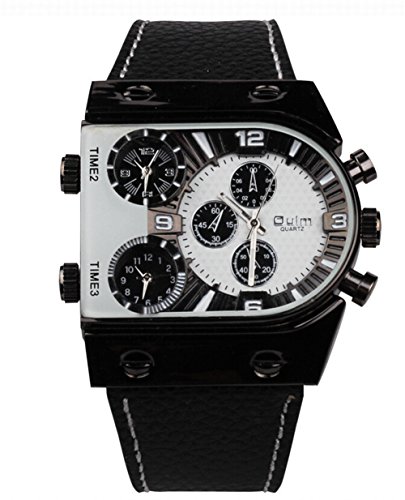 Oulm Analog Quartz Black U-type Dials Men Leather Wrist Watch (White)