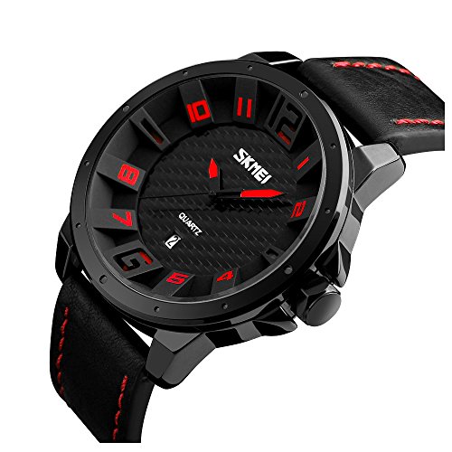 Mens Classical Analog Simple Big Dial With Date Leather Strap Sports Waterproof Quartz Watches (red)