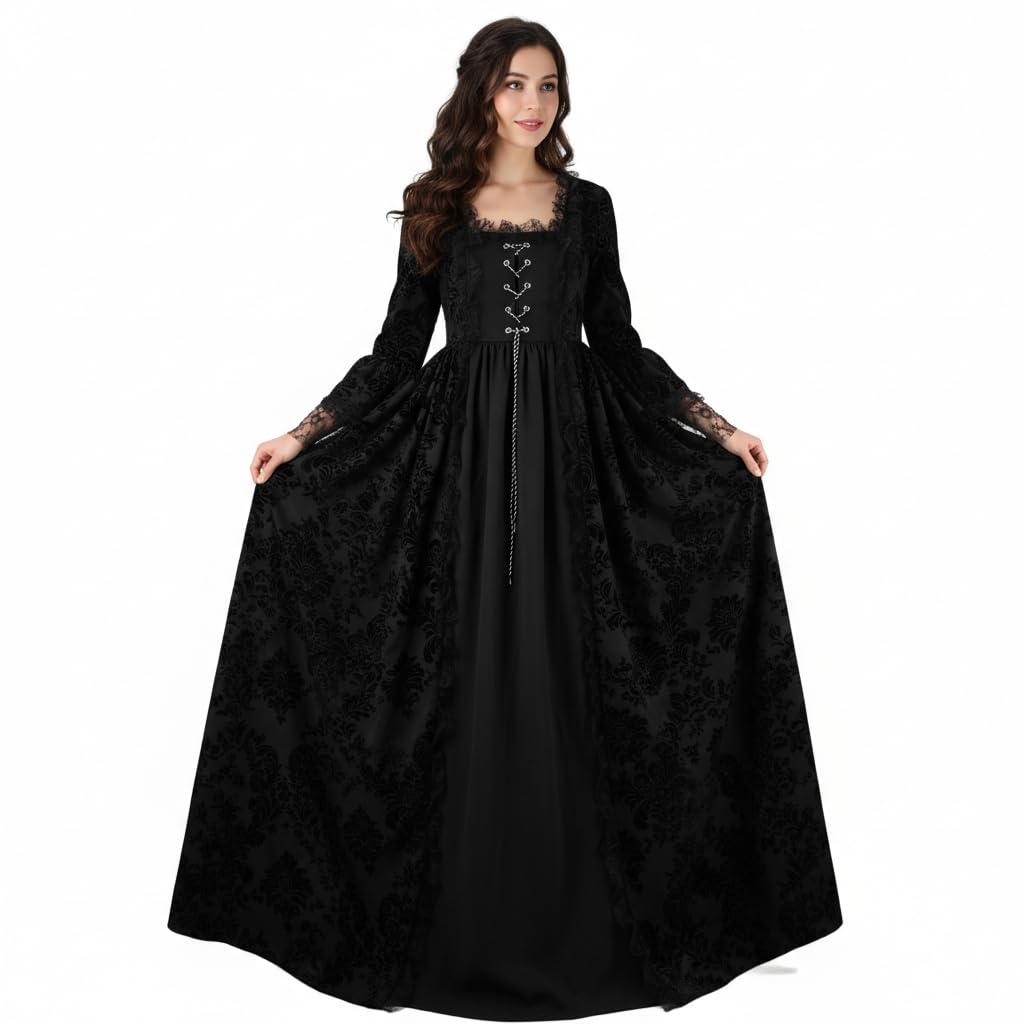 ZNLFS Women's Medieval Victorian Ball Gown Gothic Renaissance Costume Dress with Lace Bell Sleeves Square Neckline Royal Halloween Fancy Dress (Black, XX-Large)