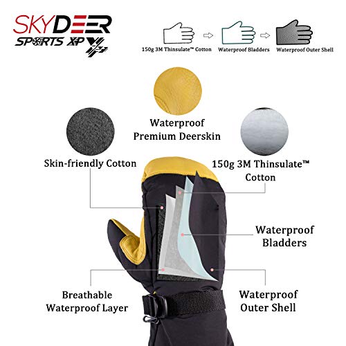 SD8649T/XL - SKYDEER Ski Mittens Gloves with Waterproof Genuine Deerskin Leather and 3M Thinsulate Insulation Cotton