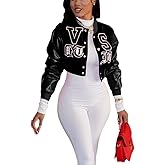 THLAI Women Varsity Jacket Button Down Cropped Faux Leather Jacket Letter Embroidery Jacket Short Baseball Outwear