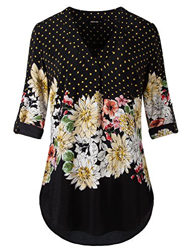 Altelime Women's Floral Print Blouse Tops Cuffed Sleeve Casual V Neck Layered Blouses Shirts