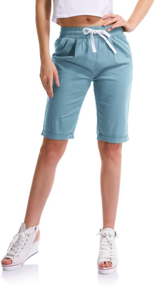 Sobrisah Women's Casual Drawstring Elastic Waist Knee Length Curling Bermuda Shorts