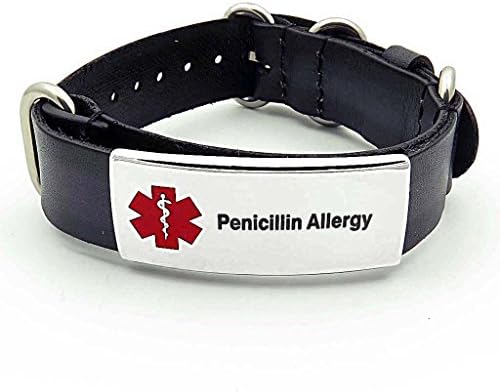 IDtagged Men's Black Leather Penicillin Allergy Medical ID Bracelet Adjustable Length w/ Polished Silver Stainless Steel Tag