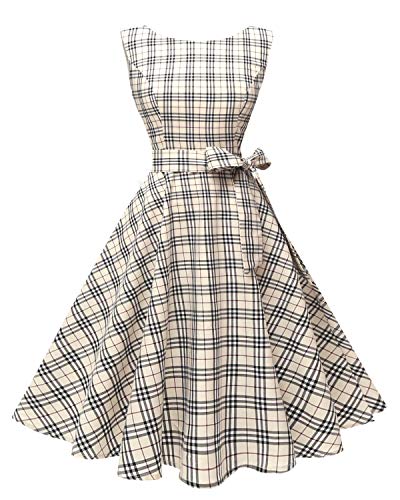 Hanpceirs Women's Boatneck Sleeveless Swing Vintage 1950s Cocktail Dress Beigeplaid, XS(fit US 0-2)
