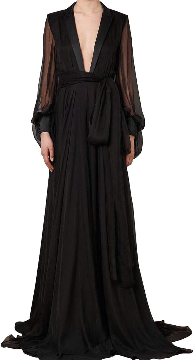 Womens Satin Robes Bridal Wedding Party Loungewear Nightgown Lace Long Bathrobe Pajamas Sleepwear with Belt Black
