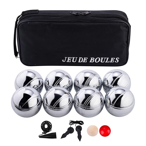 8-teilige Metall Boule Kugeln Set mit Tasche, Magnet, Distanzmesser & Holz-Cochonnet – Boccia / Botcha Spiel für Kinder & Familien - Petanque, Jeu de 