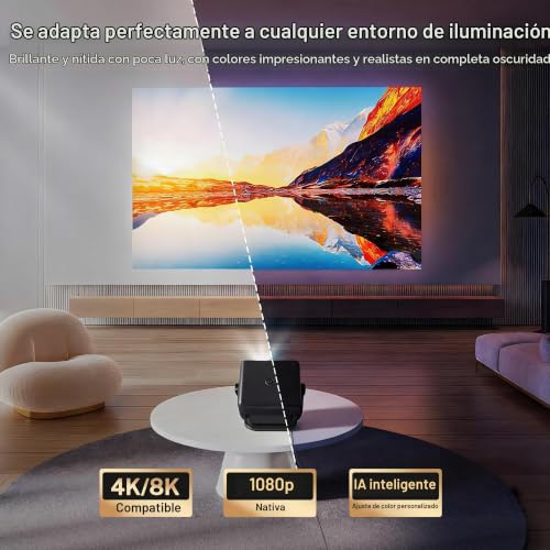 1080P Native 800 ANSI Smart Projector, Android 14, Supports 4K/8K, Air Mouse Remote Control, AI Auto Focus and Correction, WiFi 6 and BT 5.4, Hi-Res Audio, Netflix Compatible | Control Remoto Air Mouse, Enfoque y Corrección Automáticos por IA, WiFi 6 y BT 5.4, Audio Hi-Res, Compatible con Netflix