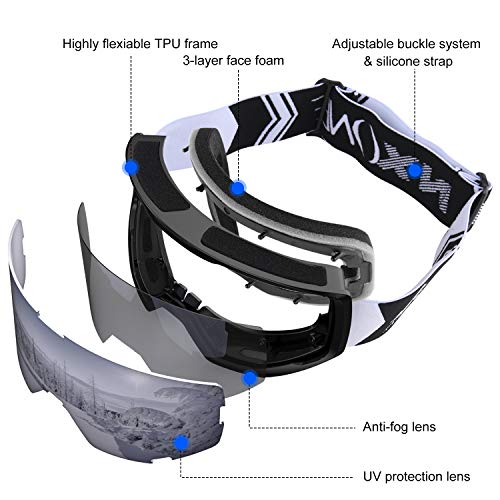 NXONE Ski Goggles for Men and Women, Anti-Fog Over Glasses Snowboard Goggles with UV Protection, Windproof Helmet Compatible Dual Lens Goggles-100% UV Protection