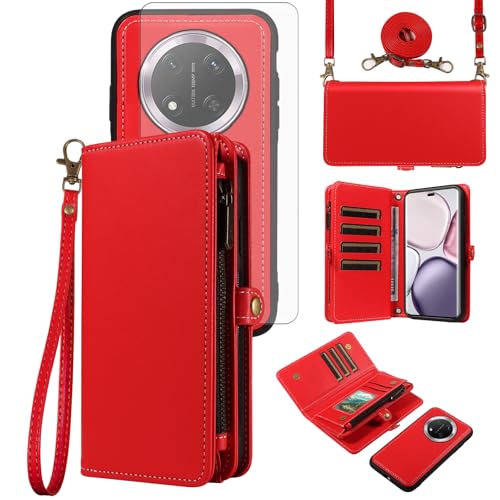 Asuwish Phone Case for Honor Magic7 Lite/Magic 7 Lite/X9C/X60 Pro Zipper Wallet Detachable Cell Cover with Screen Protector Crossbody Lanyard Strap Flip Card Holder Slot 7Lite HonorX9C Red