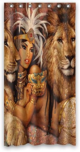 Custom African Beautiful Woman With Lions Polyester Fabric Shower Curtain Bathroom Decor Size 36x72 inches