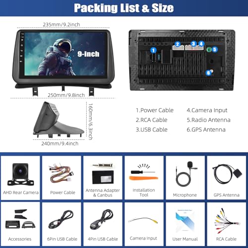 SIXWIN 4GB & 64GB Android 15 Car Radio for Renault Clio 3 2005-2014 with CarPlay Android Auto Mirror Link - 9 Inch Touch Screen Car Radio WiFi Bluetooth 5.0 FM/RDS 32EQ USB with Rear View Camera