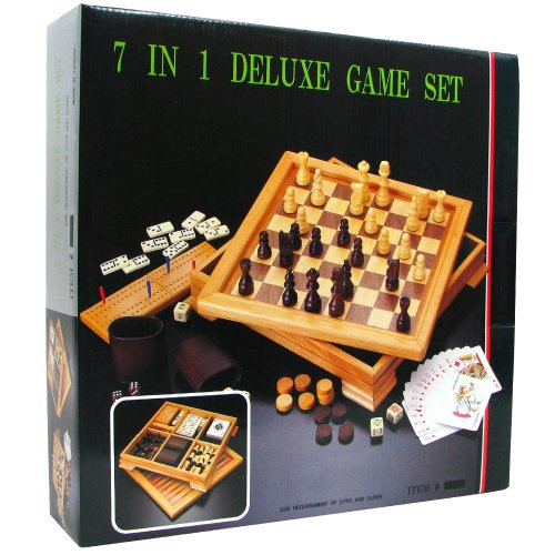 Deluxe 7-in-1 Game Set - Chess, Checkers, Backgammon and More, Brown