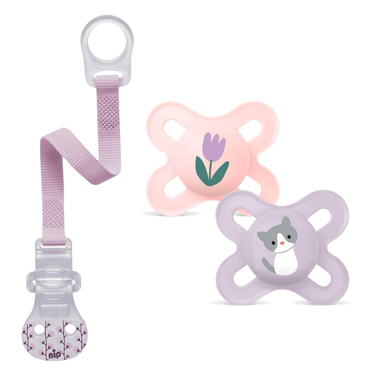 MAM "Skin Soft" Silicone Mini Dummy Start Especially for Premature and Newborns Extra Small // 0-2 Months Girl // Set of 2 // Includes Sterilised Transport Box & NIP Dummy Strap