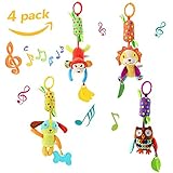 Baby Hanging Rattle Toys, 4 Pieces Newborn Car Crib Hanging Bell，Baby Soft Hanging Rattle Crinkle Squeaky Toy,Infant Animal Wind Chime with Teethers for Toddlers/Baby Girls/Baby Boys