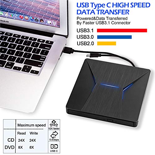 External CD DVD Drive USB C USB 3.0 Dual Port Portable CD DVD /-RW Drive High Speed Data Transfer External Optical Drives for Windows10/MacBook/Desktop/Laptop - Thumbnail 2