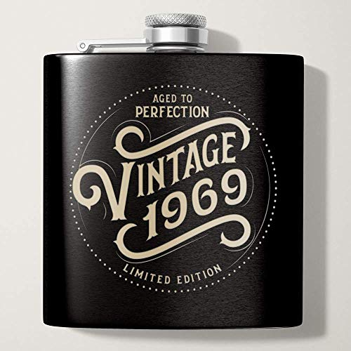 1969 50th Birthday Gifts for Men | Black 6 oz Stainless Hip Flask | 50 Year Old Presents | Dad Husband Brother Uncle Grandpa Boyfriend Friend Present | Party Decorations Supplies Liquor Flasks Gift th