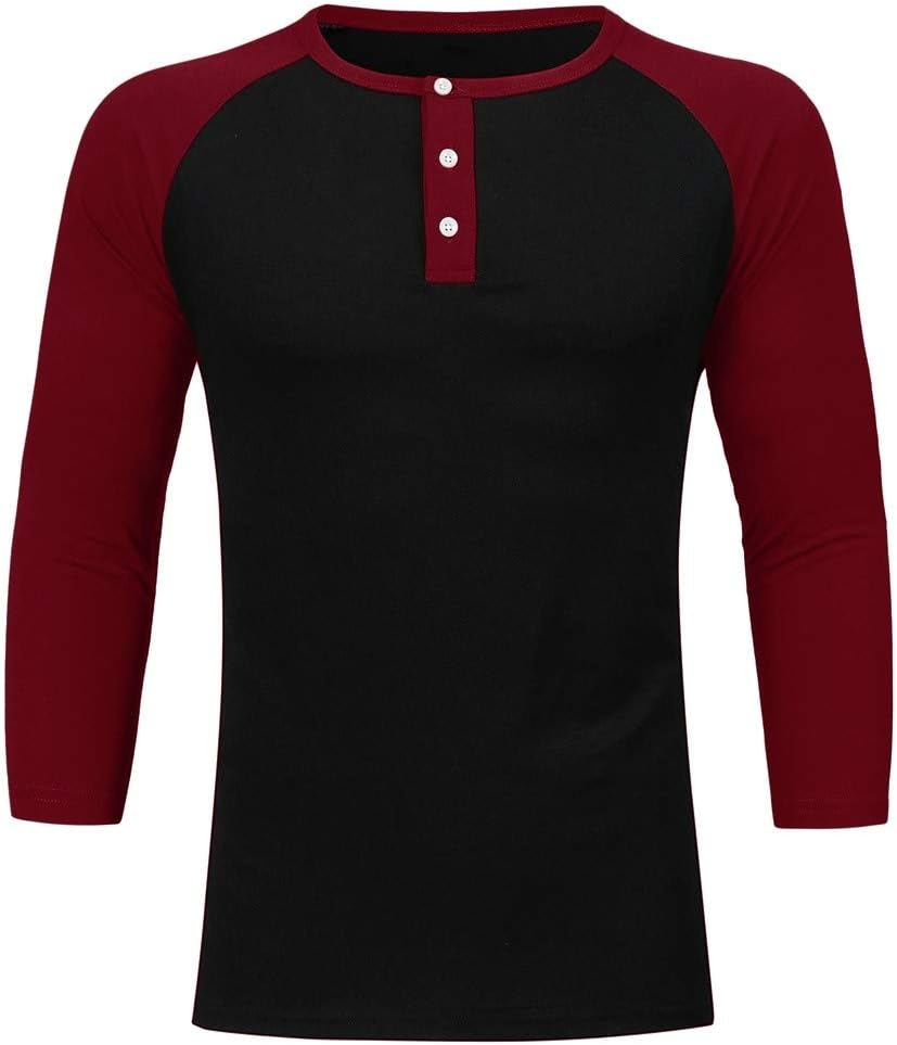 Mens Casual Top Slim Fit Patchwork Button 3/4 Sleeve O-Neck T-Shirt Jumper