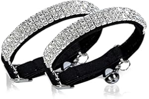 CHUKCHI Soft Velvet Safe Cat Adjustable Collar Bling Diamante with Bells,11 inch for Small Dogs and Cats (Black - 2 Pack)