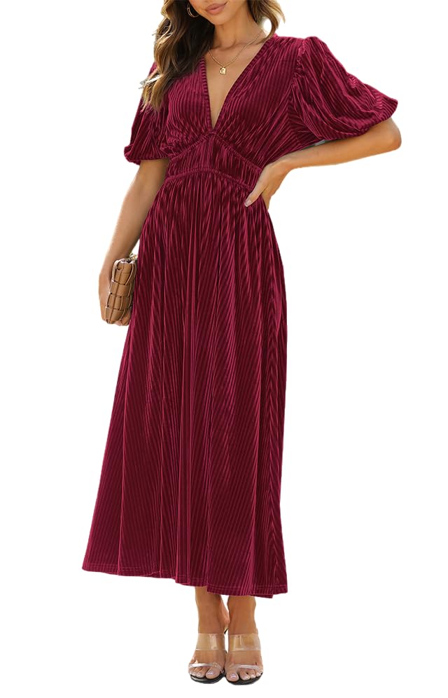 Photo 1 of Maxigerui Women's Velvet Maxi Dress Formal Dresses for Wedding Guest Dress Burgundy M
