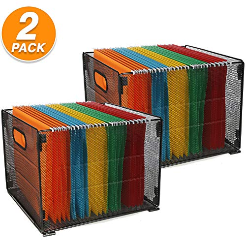 Samstar Set of 2 File Folder Box, Mesh Metal File Crate Organizer Box Hanging File Holder Rack Frame, Letter Size, Black
