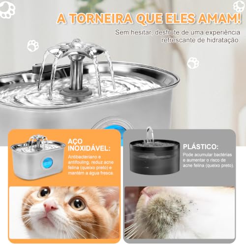 Mstail Fonte de Água pra Gato, Bebedouro para Gatos Silenciosa Inox Carvão Ativado LED Indicador Fonte De Água para Cães e Gatos (3,2L, TY50)