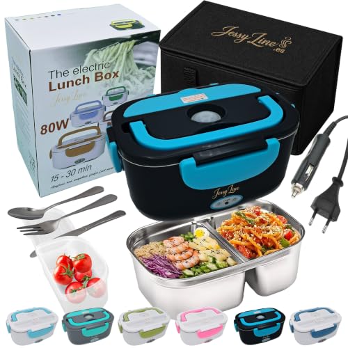 JessyLine Elegant Professional Portable Electric Lunch Box 80W 12V/24V/220V Multifunction Car Truck Office Heat Fast Food Taper Divided Container Stainless Steel 1.5L Black Blue-Light