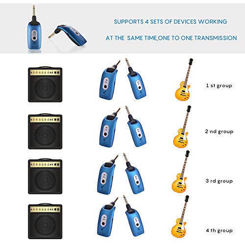 Wireless Guitar Transmitter & Receiver System 2.4G Wireless Audio Rechargeable 164ft Transmission Range for Electric Guitar Bass (Blue)