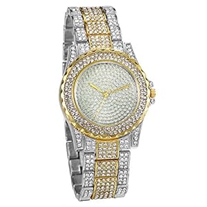 JewelryWe Men Women Watches Stylish Rhinestone Round Quartz Watch Gold Plated Stainless Steel Wristwatch for Fathers Day