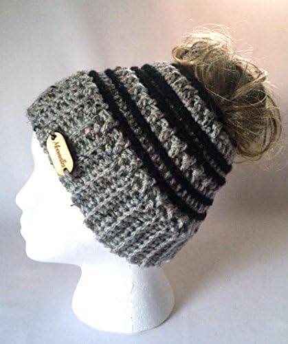 Handmade Messy Bun Hat Rib Light Grey Beanie Fleck Wood Button Crochet Ponytail Holder Runner Black Stripe