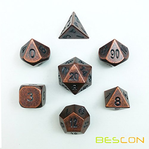 Bescon Antique Copper Solid Metal Polyhedral D&D Dice Set of 7 Old Copper Metal RPG Role Playing Game Dice 7pcs Set