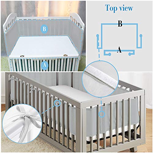 MBQMBSS Crib Bedding Bumper Set of 2 Baby Crib Bumper Mesh Adjustble Breathable Mesh Crib Liner Cotton Mesh Bumpers for Baby Crib 11.8'' x 134''&11.8'' x 63'' (Grey)