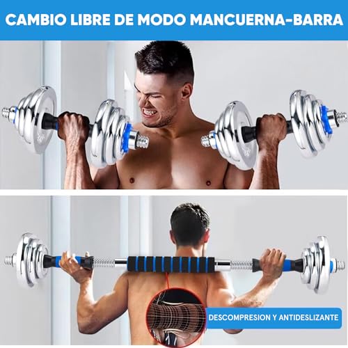 Kit Mancuernas 15 kg 3 en 1 Multi-Uso con Varilla de conexión para Entrenamiento de Ejercicio en el Gimnasio en casa. Con Barra de Discos Ajustables a 15 Kg