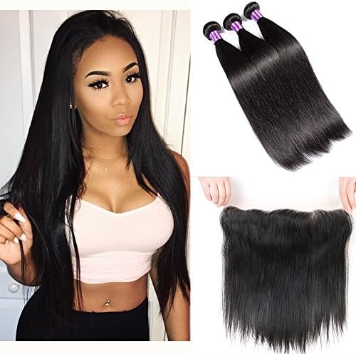 8a Brazilian Straight 3 Bundles with Frontal Ear to Ear Lace Frontal Closure with Bundles Brazilian Virgin Hair with Closure Human Hair Extensions Lace Frontal 16" 18" 20" + 14"