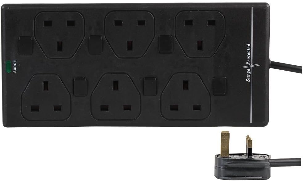 6 Way Individually Switched Surge Protected Extension Lead Black 1m