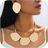 NOVYRA Chunky Gold Statement Necklace Earring Set for Women Minimalist Irregular Round Earrings Vintage Leather Big Golden Geometric Oval Choker Necklaces Trendy Party Jewelry Set for Women