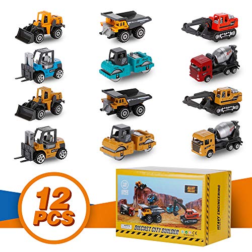 YOOBITION Diecast Construction Vehicles, 12pcs Engineering Toys Cars and Trucks Push & Play Set with Moving Parts , Perfect for Toddlers Stocking Stuffers Cake Toppers and Gift - Thumbnail 7