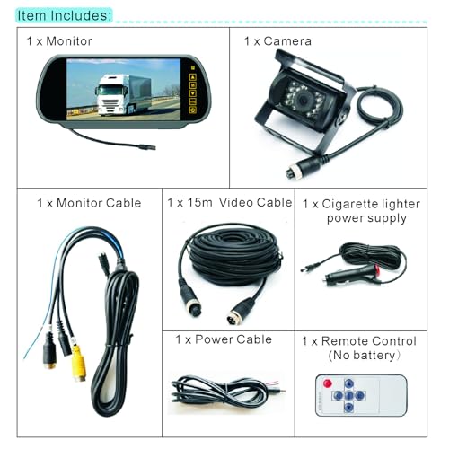 7" 4 Pin Mirror Monitor + 18 LED Night Vision Waterproof Rear View Camera with 15m Cable for Truck Caravan Trailer Motorhome 12V-24V