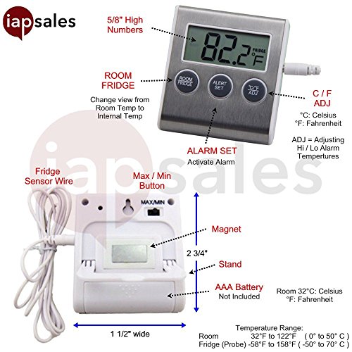 Easy to Read Refrigerator Freezer Thermometer Alarm, High & Low Temperature Alarms Settings