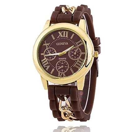 Geneva Analogue Gold Dial Fashion Bracelets Silicone and Stainless Steel Band Chain Women's Watch