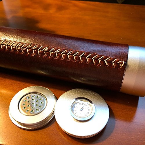 Leather Cigar Humidor and Hygrometer Tube, Built-In Humidifier, Up to 5 cigars case