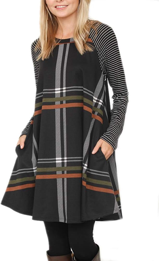Poulax Women's Casual Color Block Long Sleeve Loose Basic Swing Pocket Shift Dress in Plaid,B-Black,L